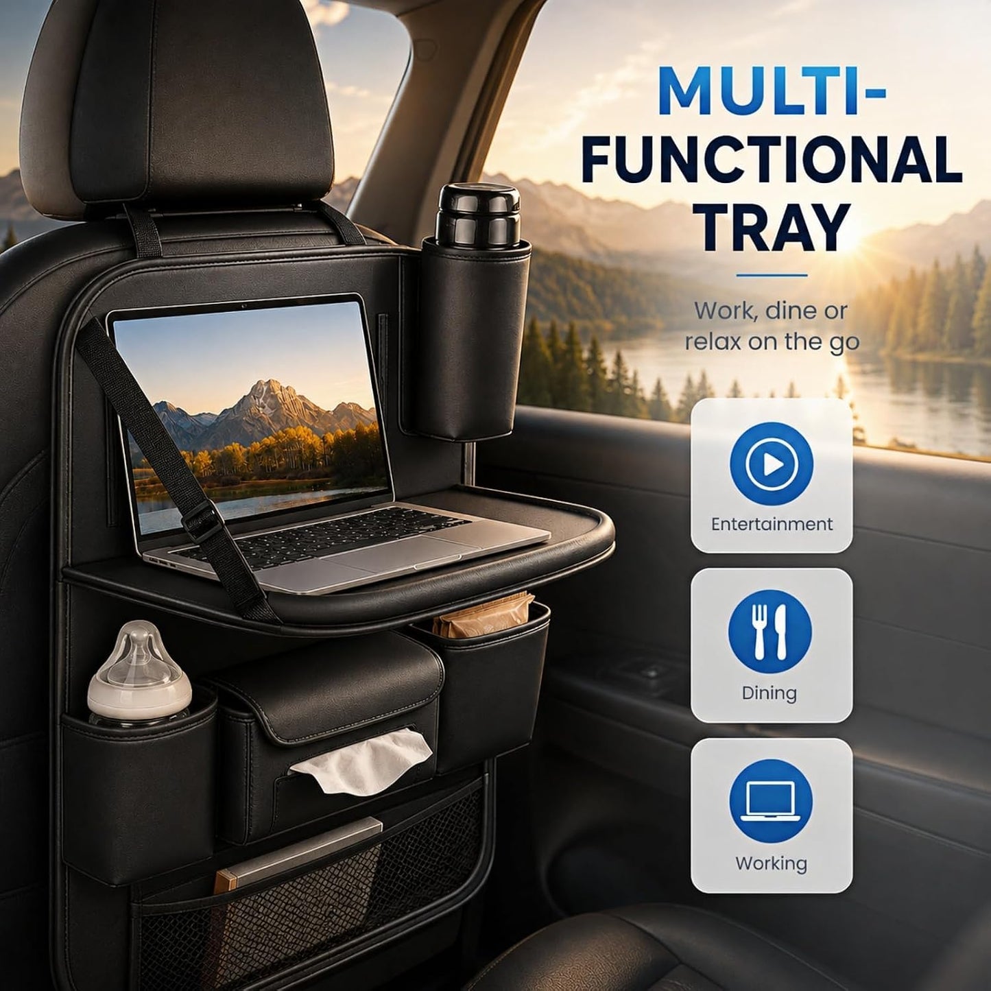 KLOMORE Car Seat Organiser with Foldable Car Tray Table, Premium PU Leather Back Seat Car Organiser with Tablet Holder, Waterproof Kick Mats Storage Travel Accessories