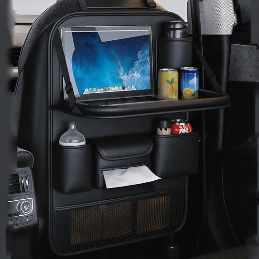 KLOMORE Car Seat Organiser with Foldable Car Tray Table, Premium PU Leather Back Seat Car Organiser with Tablet Holder, Waterproof Kick Mats Storage Travel Accessories