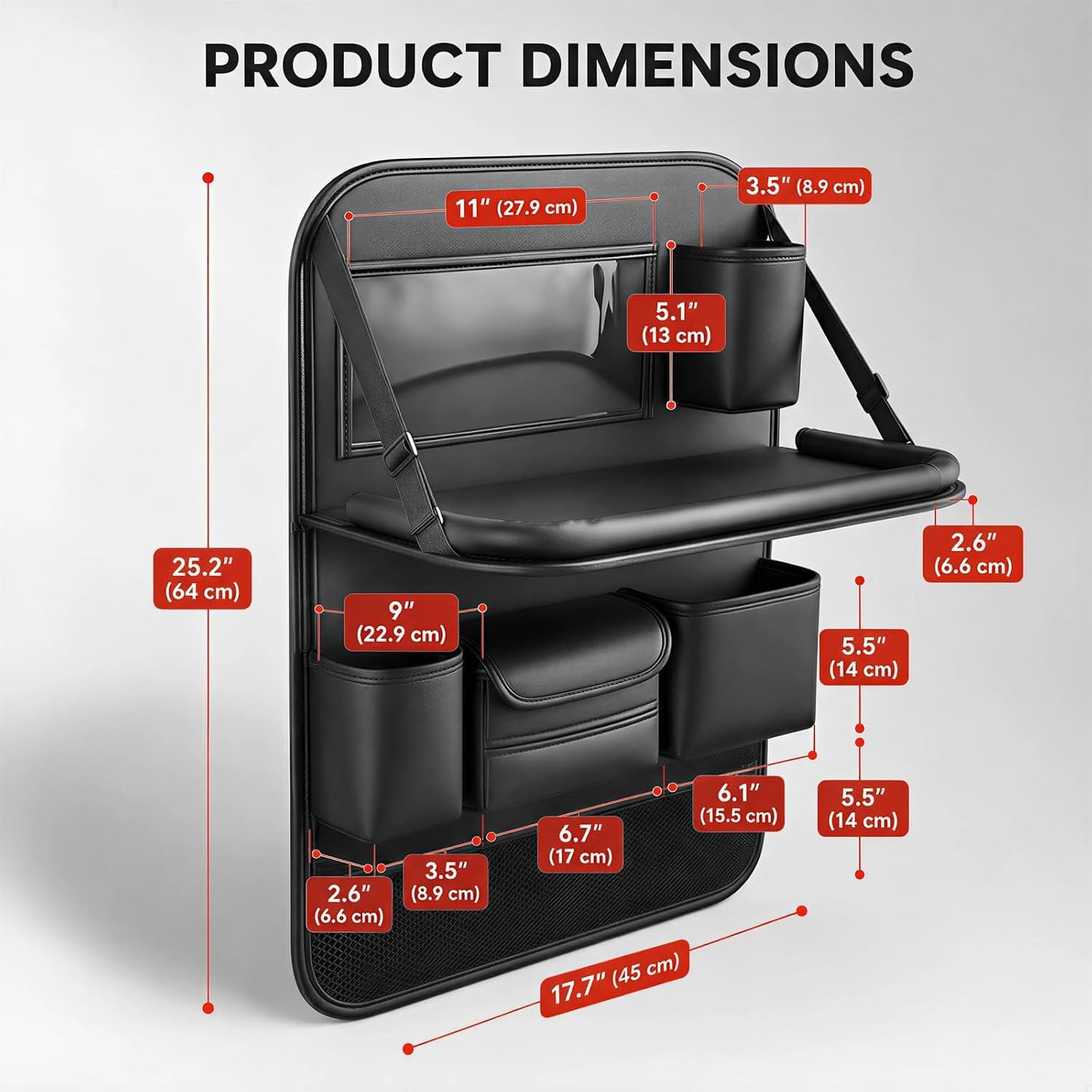 KLOMORE Car Seat Organiser with Foldable Car Tray Table, Premium PU Leather Back Seat Car Organiser with Tablet Holder, Waterproof Kick Mats Storage Travel Accessories