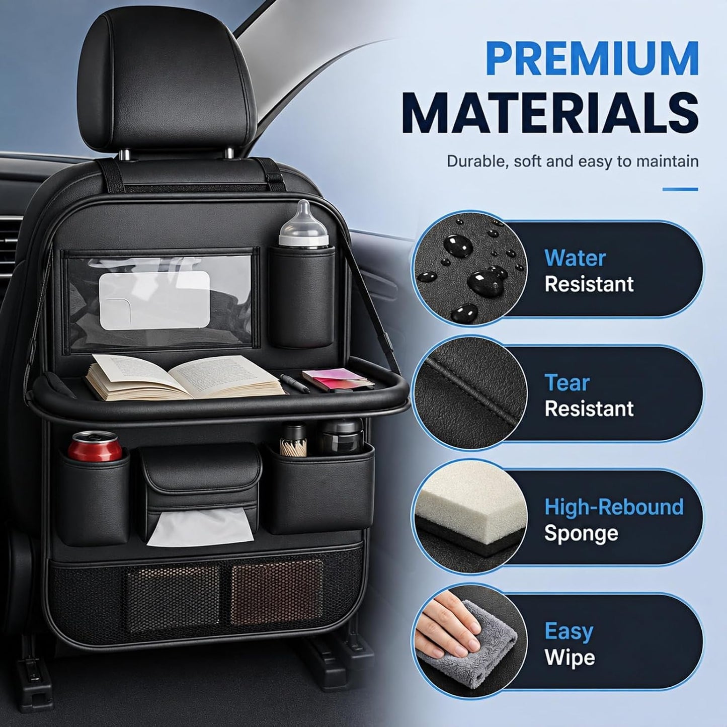 KLOMORE Car Seat Organiser with Foldable Car Tray Table, Premium PU Leather Back Seat Car Organiser with Tablet Holder, Waterproof Kick Mats Storage Travel Accessories