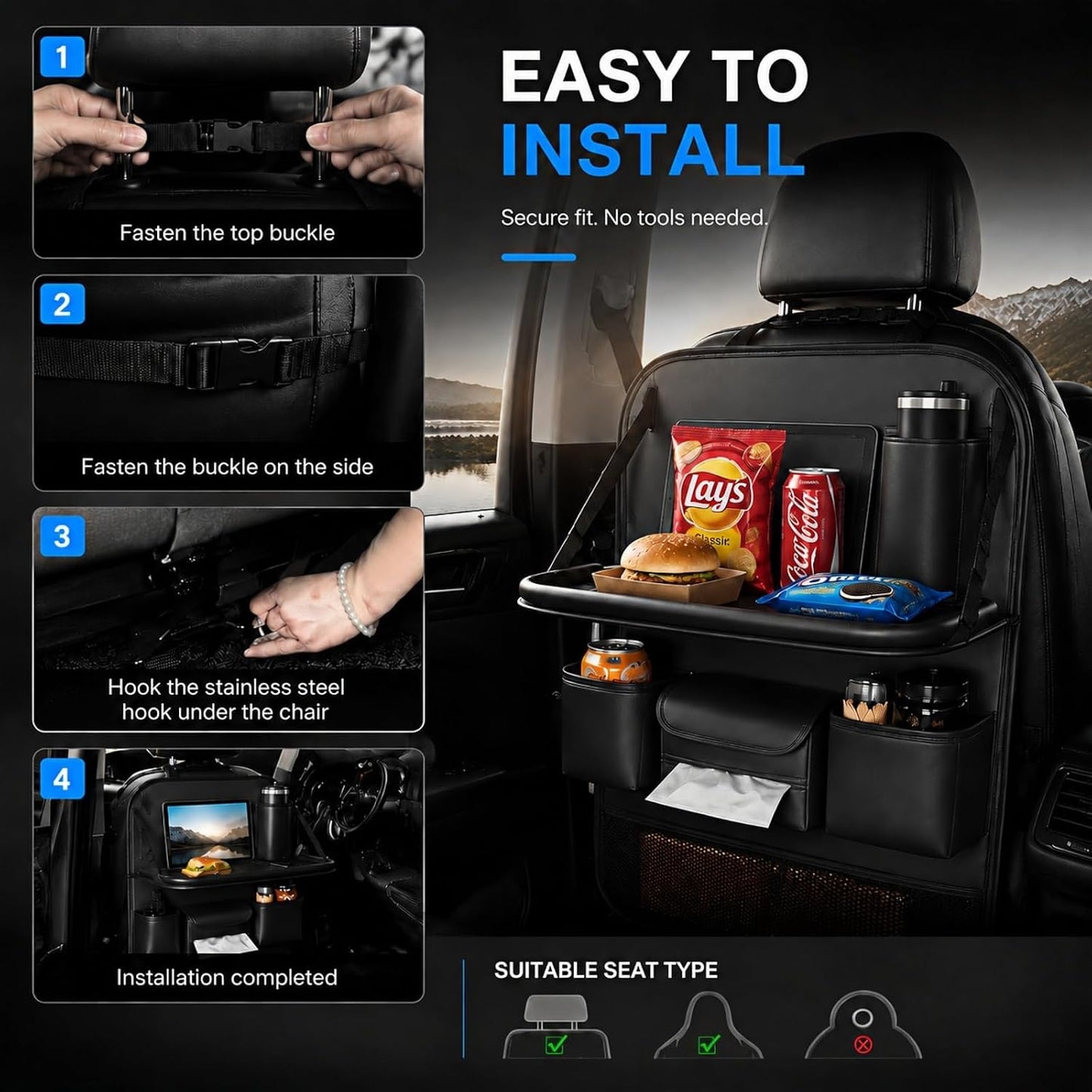 KLOMORE Car Seat Organiser with Foldable Car Tray Table, Premium PU Leather Back Seat Car Organiser with Tablet Holder, Waterproof Kick Mats Storage Travel Accessories