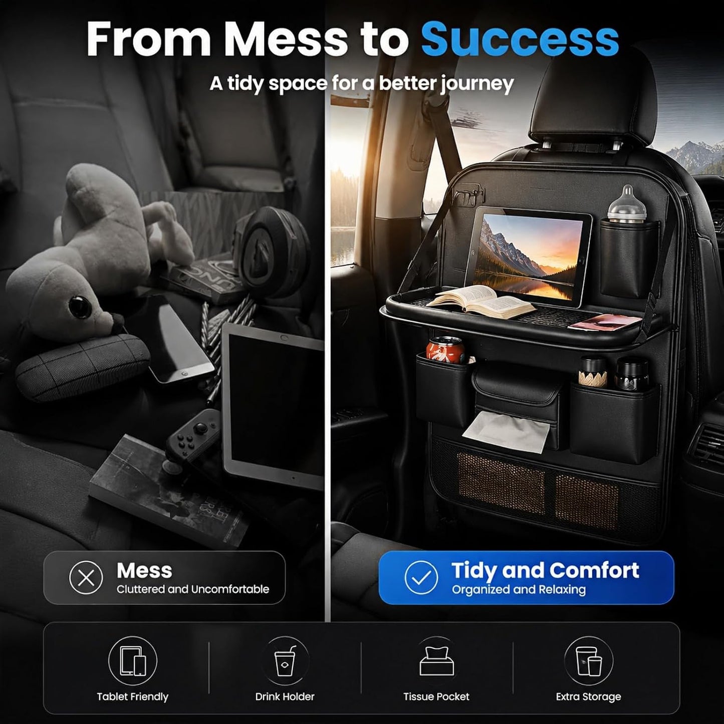 KLOMORE Car Seat Organiser with Foldable Car Tray Table, Premium PU Leather Back Seat Car Organiser with Tablet Holder, Waterproof Kick Mats Storage Travel Accessories