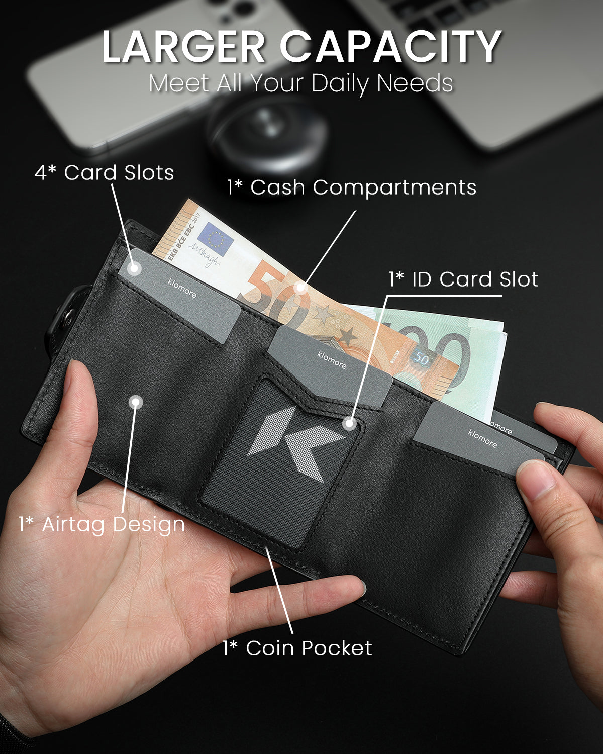 Klomore Airtag Trifold Wallet with Coin Pocket for Men